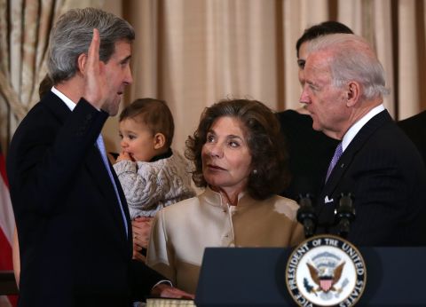 Teresa Heinz Kerry, wife of Secretary of State John Kerry, was hospitalized July 8 after exhibiting symptoms of "some sort of seizure," according to a source close to the family. She is pictured here, center, at the swearing-in ceremony of her husband at the State Department on February 2013. 