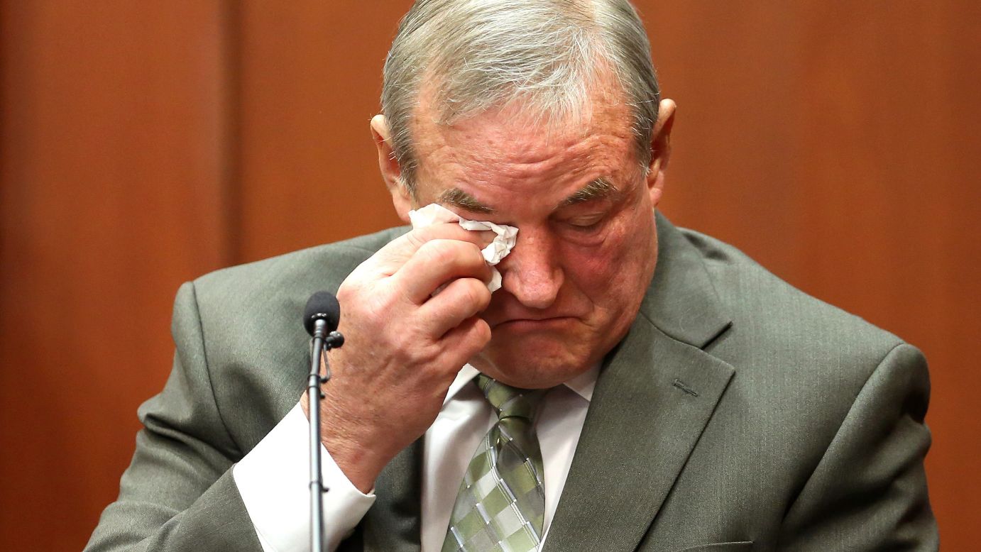 John Donnelly, a friend of George Zimmerman's, cries on the witness stand on Monday, July 8, in Sanford, Florida, after listening to screams on the 911 tape entered in evidence.
