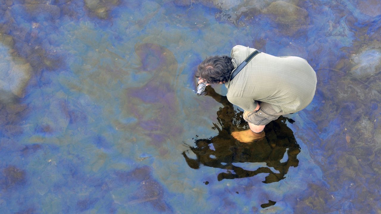A man collects oil floating on the Chaudiere River near Lac-Megantic on July 8.