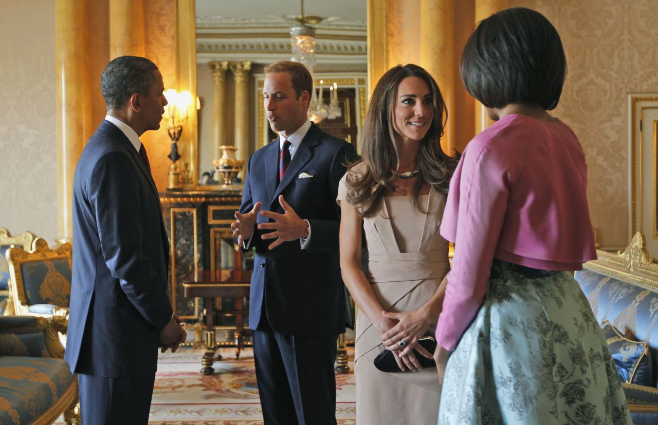 US President Barack Obama and first lady Michelle Obama meet with the royal couple at Buckingham Palace in May 2011.