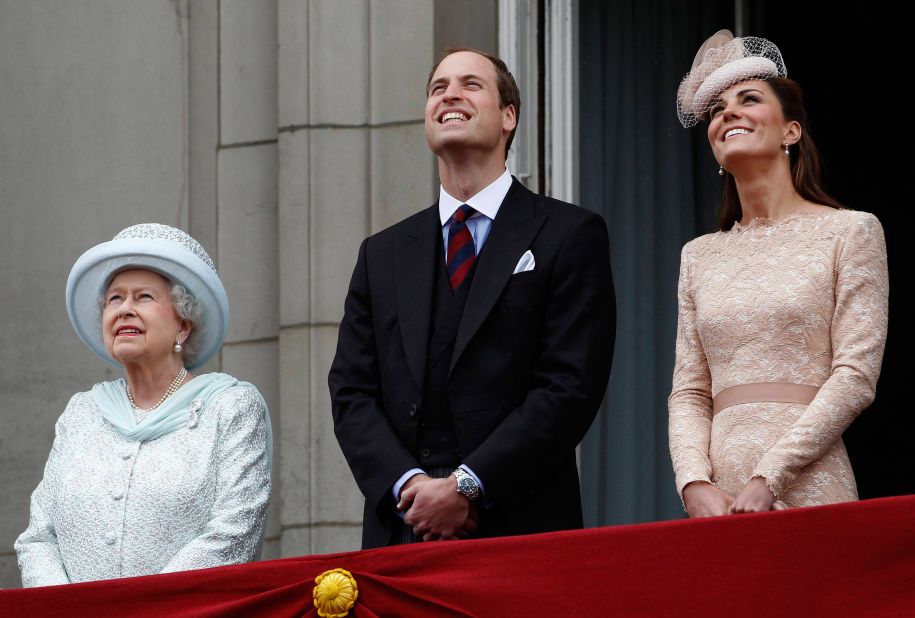 Queen Elizabeth II, William and Catherine stand on the balcony of Buckingham Palace during the Queen's Diamond Jubilee celebrations in June 2012.