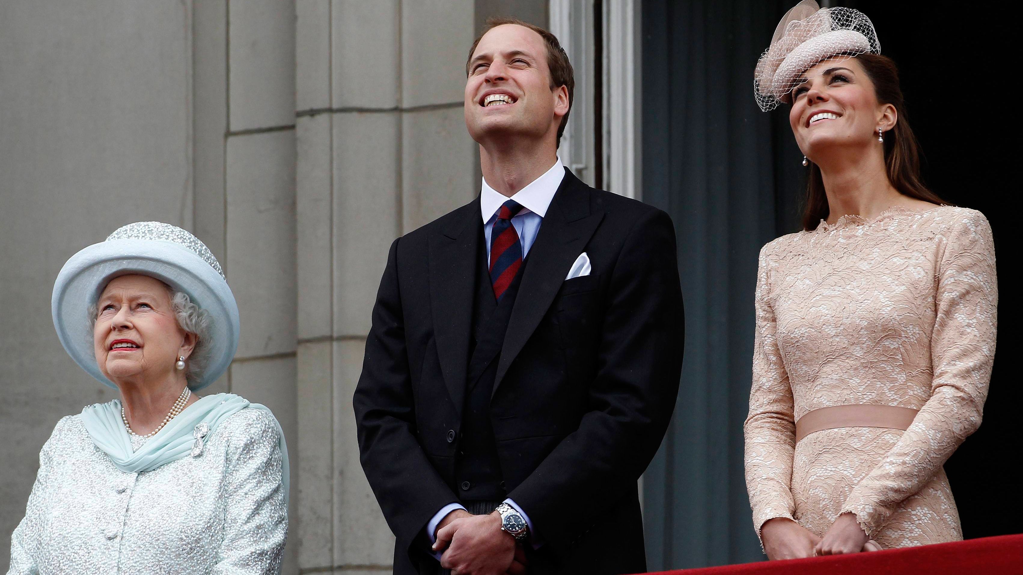 Queen Elizabeth II, William and Catherine stand on the balcony of Buckingham Palace during the Queen's Diamond Jubilee celebrations in June 2012.