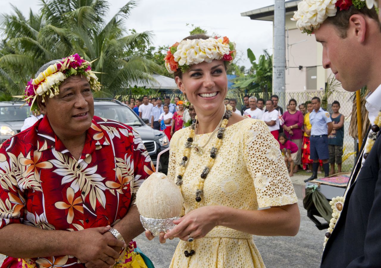 In September 2012, the couple drank coconut milk from a tree that Queen Elizabeth II planted decades ago in the South Pacific nation of Tuvalu. 