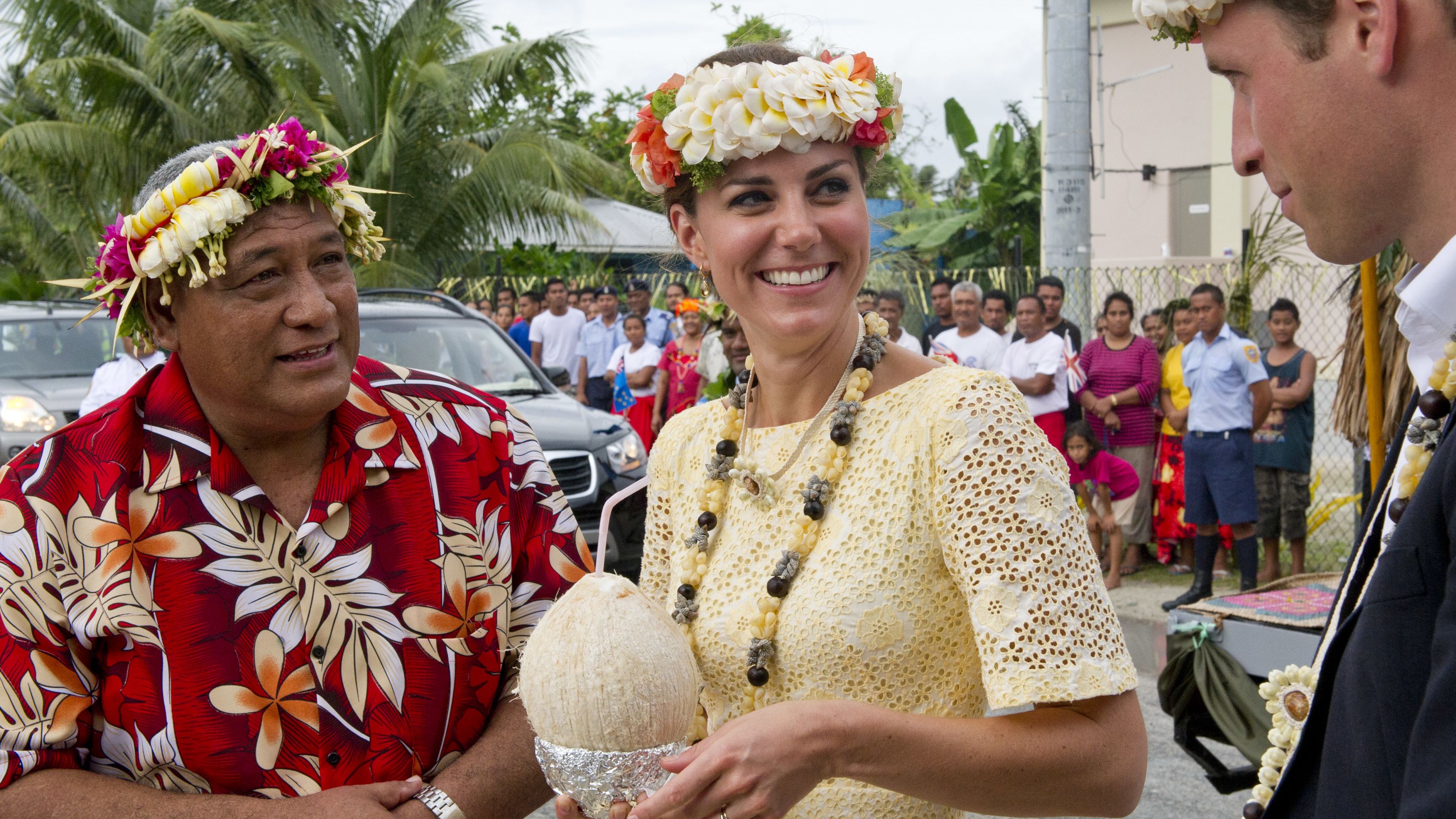 In September 2012, the couple drank coconut milk from a tree that Queen Elizabeth II planted decades ago in the South Pacific nation of Tuvalu. 