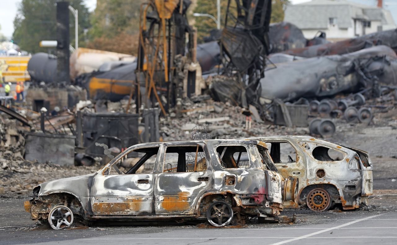 Train wreckage is pictured in Lac Megantic, Quebec, on July 9.  