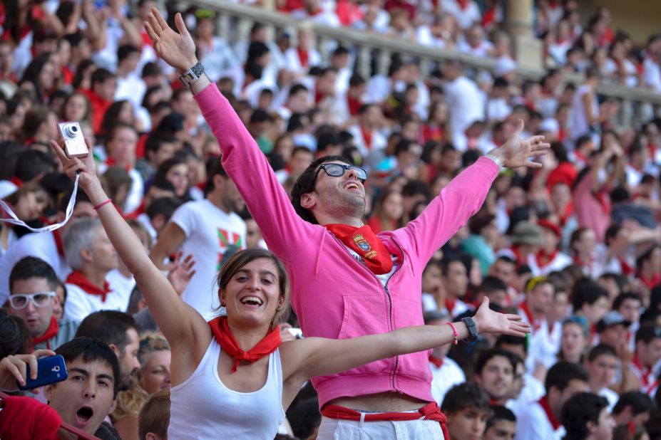 A crowd gathers on July 8 for the second bull run of this year's San Fermin festival.