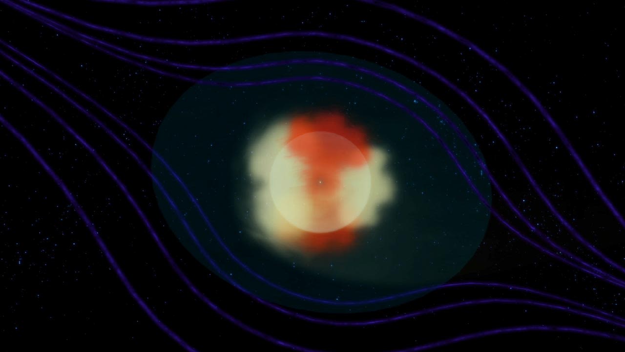 This illustration of the cross-section of the tail of the solar system shows slow solar wind in yellow and fast solar wind in red. 