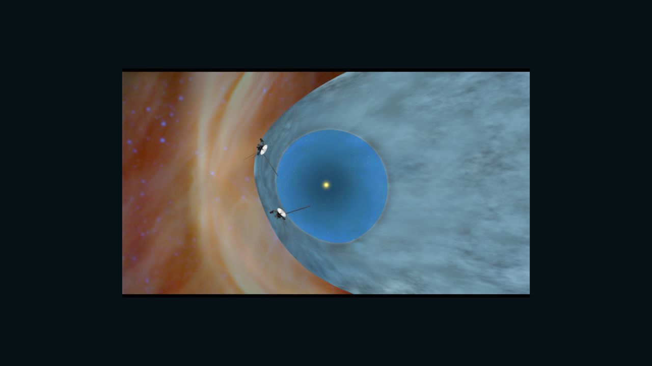 The two Voyager spacecraft are exploring a turbulent area called the heliosheath, as shown in this illustration.