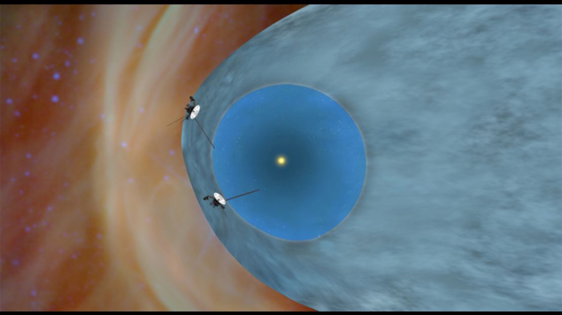 The two Voyager spacecraft are exploring a turbulent area called the heliosheath, as shown in this illustration. 