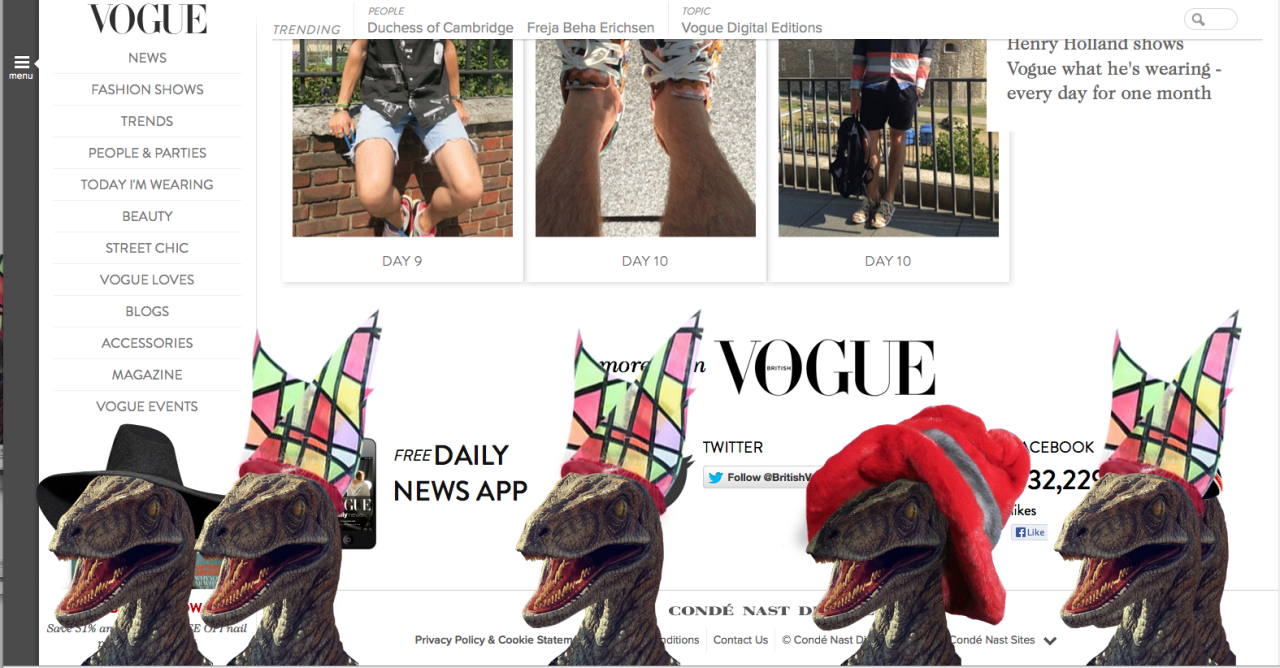 All it takes is a few keyboard strokes to produce this festive parade of dinosaurs on Vogue UK and other British editions of Conde Nast publications. Check out which other publications braved the dinosaur attack.