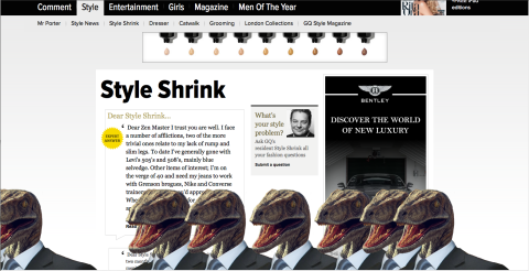 Dinosaurs on GQ UK's <a href="http://www.gq-magazine.co.uk/" target="_blank" target="_blank">website</a> page are dressed for the occasion in suit and tie. 