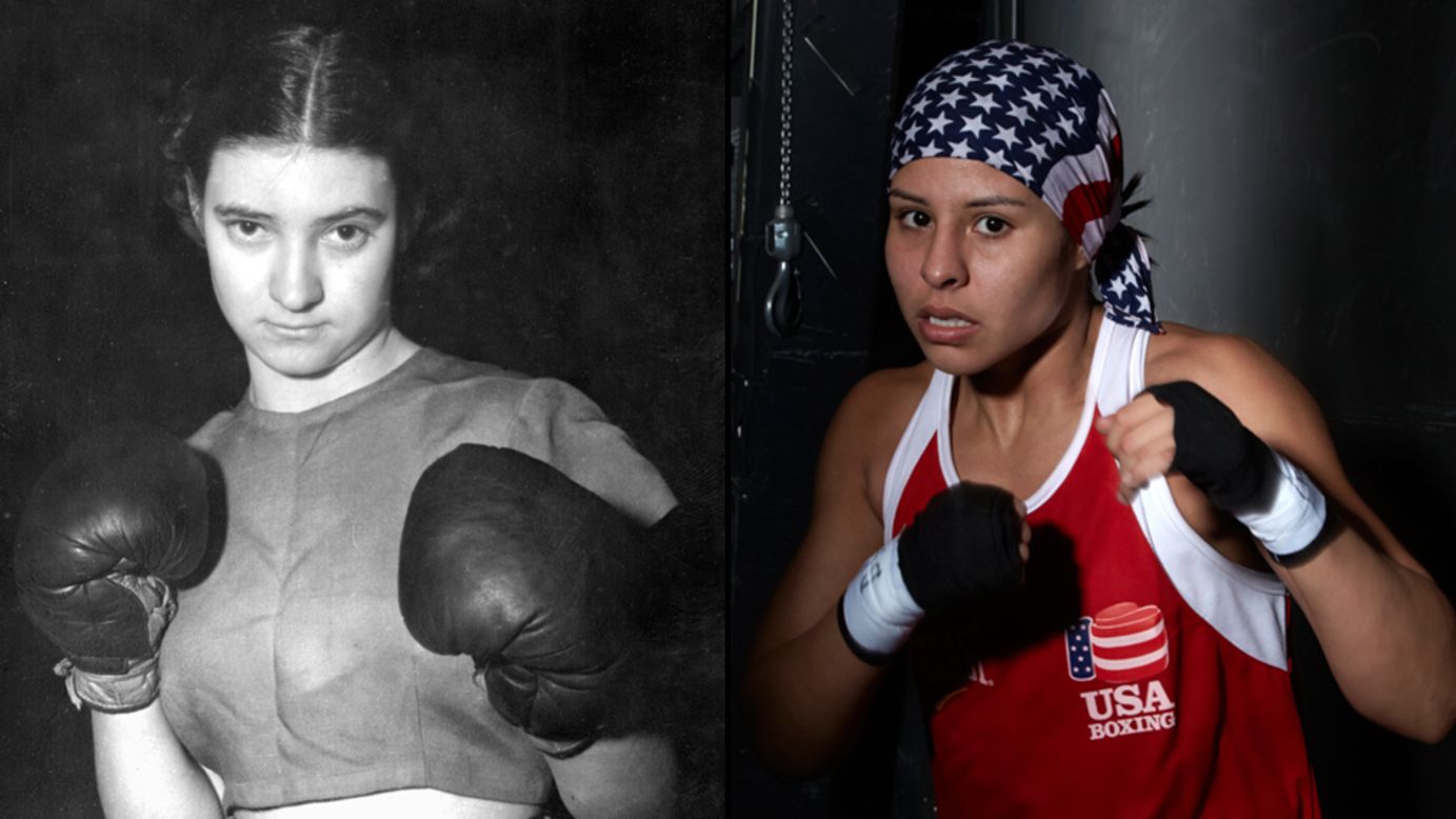 Barbara Buttrick, left, began boxing when she was 18 years old, in 1948. She was the first woman to have her boxing match broadcast, and she participated in carnivals and circuses before boxing internationally. Today, boxer <a href="http://inamerica.blogs.cnn.com/2012/07/28/olympic-boxer-fights-to-inspire/">Marlen Esparza</a>, right, has been a Covergirl and had endorsements. She was featured in <a href="http://www.vogue.com/magazine/article/marlen-esparza-going-the-distance/#1" target="_blank" target="_blank">Vogue magazine</a>, a <a href="http://inamerica.blogs.cnn.com/2012/02/24/one-step-closer-to-her-olympic-dream/">CNN documentary,</a> and<a href="http://espn.go.com/espnw/news-commentary/article/9425070/boxer-marlen-esparza-takes-all-2013-body-issue-espn-magazine" target="_blank" target="_blank"> ESPN the Magazine's body issue</a>. "The Olympics are a celebration of sports, and women should be able to celebrate sports just like men." Due in part to greater acceptance of women and girls playing sports and Title IX, Esparza, and female boxing, made their debut last year at the 2012 Olympics.