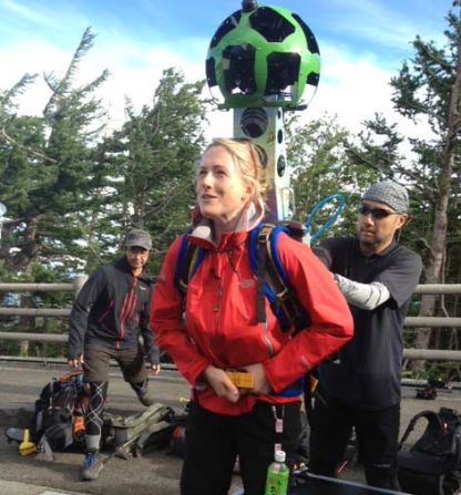 Magnay tries on one of the Google camera backpacks as the team prepares to climb Mount Fuji to survey the route.