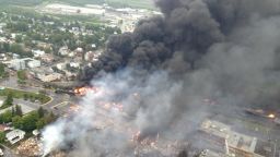 An aerial photo from the Quebec Provincial Police shows the aftermath of a train derailment explosion in Lac-Megantic, Quebec, on Saturday, July 6. Quebec provincial authorities have found 20 bodies, and 30 more are missing and "most probably dead." 