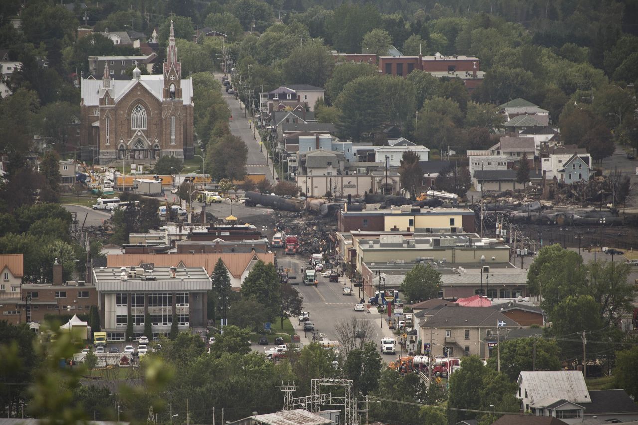Most of the 73-car train derailed in the center of Lac-Megantic, setting off a huge fireball that burned for 36 hours. 