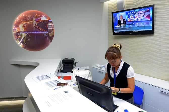 An employee works the reception desk in the Capsule Hotel "Air Express" in Terminal F. Snowden has not officially entered Russia but is in the airport's transit area, the zone between arrival gates and passport control checkpoints. It includes terminals D, E and F. 