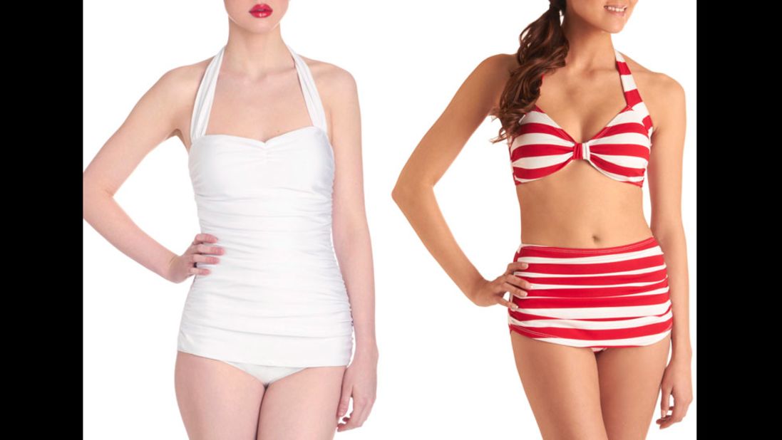 The retro trend in swimwear offers a lot of coverage, London said, and the halter, sweetheart necklines are flattering on most figures.