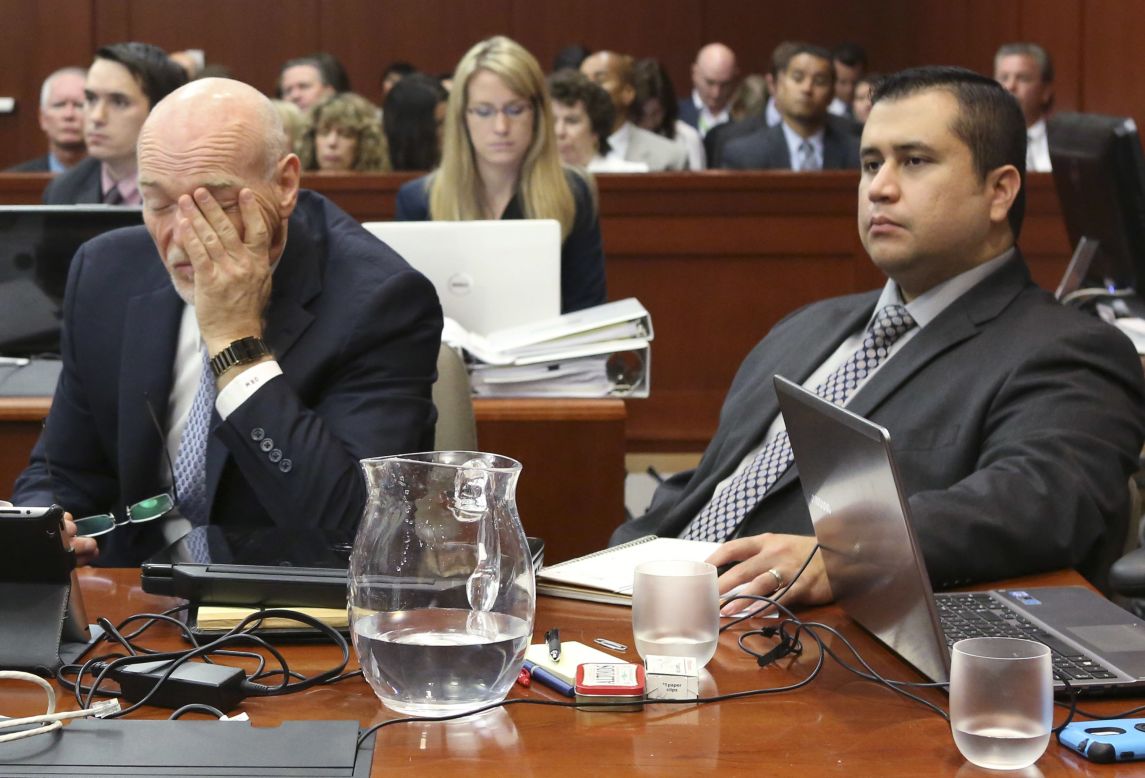 Zimmerman, right, sits with another defense attorney, Don West, this week. West objected to a third-degree murder charge also sought by prosecutors on Thursday, July 11, the day closing arguments began. The judge ruled out that charge but said the jury could consider convicting the defendant of manslaughter. 