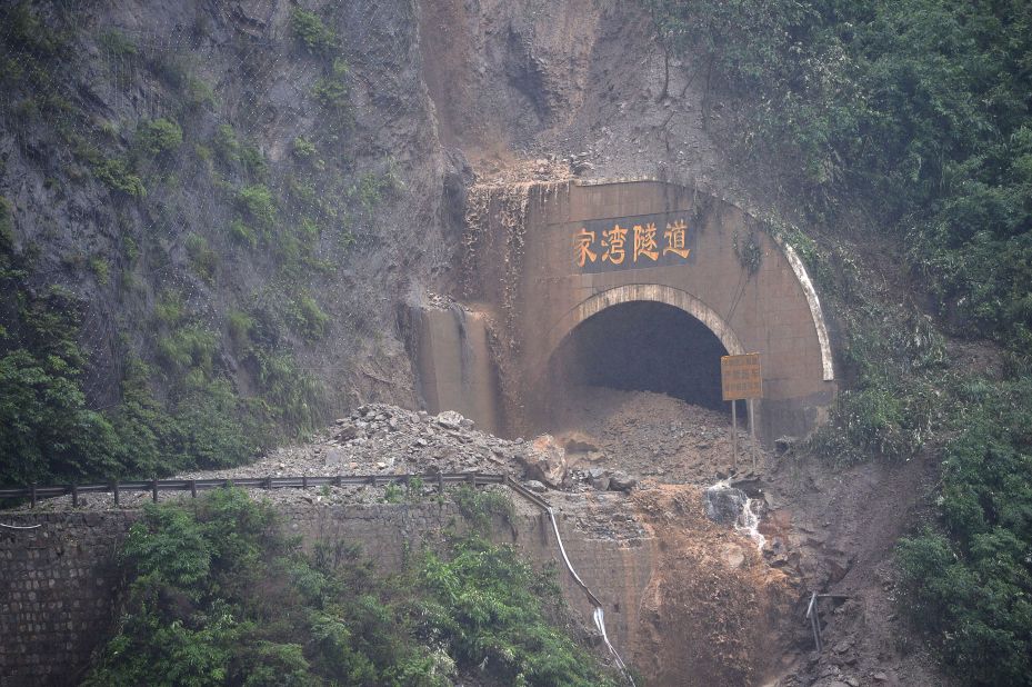 A road in Wenchuan county was destroyed by rain-triggered mudslides on July 10.