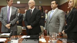 SANFORD, FL - JULY 11:  George Zimmerman stands with his defense team Mark O'Mara, (L), Don West, (Center L), and Lorna Truett during his trial in Seminole circuit court July 10, 2013 in Sanford, Florida. Judge Debra Nelson has ruled that the jury can also consider a manslaughter charge along with the second-degree murder charge in the shooting death of Trayvon Martin. (Photo by Gary W. Green-Pool/Getty Images)
