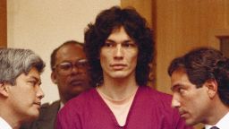 Richard Ramirez, center, with attorneys, Randall Martin, right and Daro Inouye, left in a San Francisco courtroom Oct. 5, 1990. Ramirez was convicted of 13 sex slayings the mid-1980s. (AP Photo)