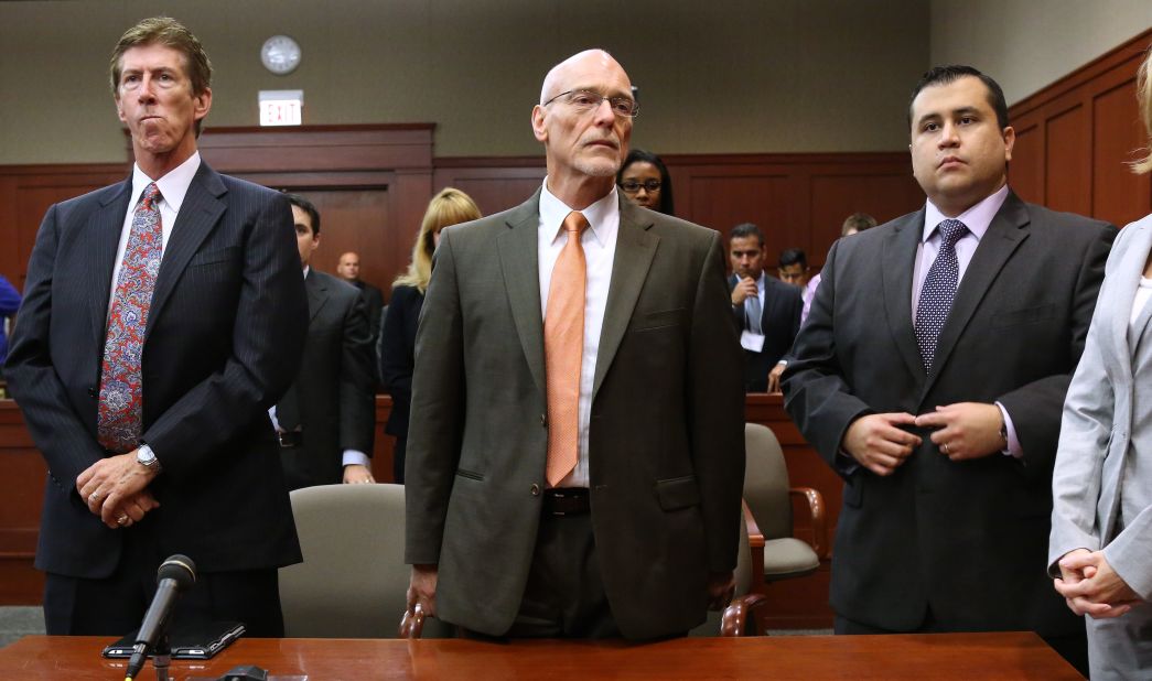 Zimmerman and his defense team stand in the courtroom as the jury arrives before starting their second day of deliberations on July 13.