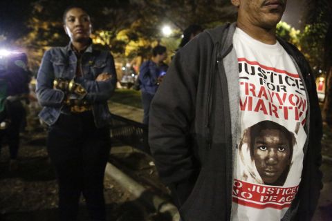 A man in Los Angeles wears a shirt in support of Trayvon Martin on July 13.