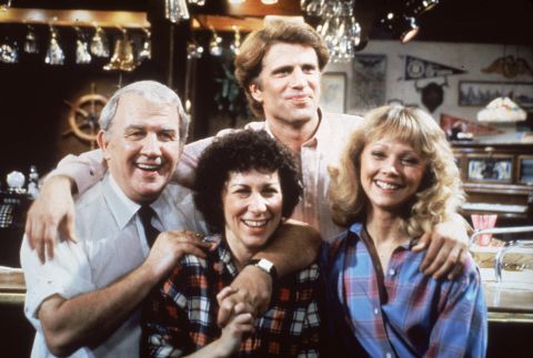Nicholas Colasanto (on the left) is seen here with his "Cheers" co-stars Rhea Perlman, Ted Danson and Shelley Long. His character of Coach Ernie Pantusso was written out of the show as having also died when the actor succumbed to a heart attack in 1985.