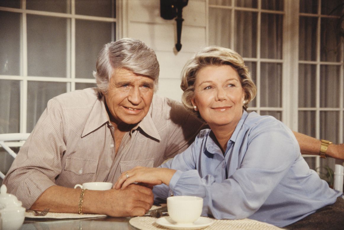 When "Dallas" actor Jim Davis died of cancer in 1981, his character Jock Ewing also died on the show. Here he is seen with his co-star, Barbara Bel Geddes, who played Eleanor Southworth "Miss Ellie" Ewing.