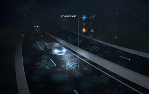 The designer also introduced 'Dynamic Paint', paint that becomes visible in response to temperature fluctuations. For example, ice-crystals become visible on the surface of the road to alert drivers that it's cold and slippery.