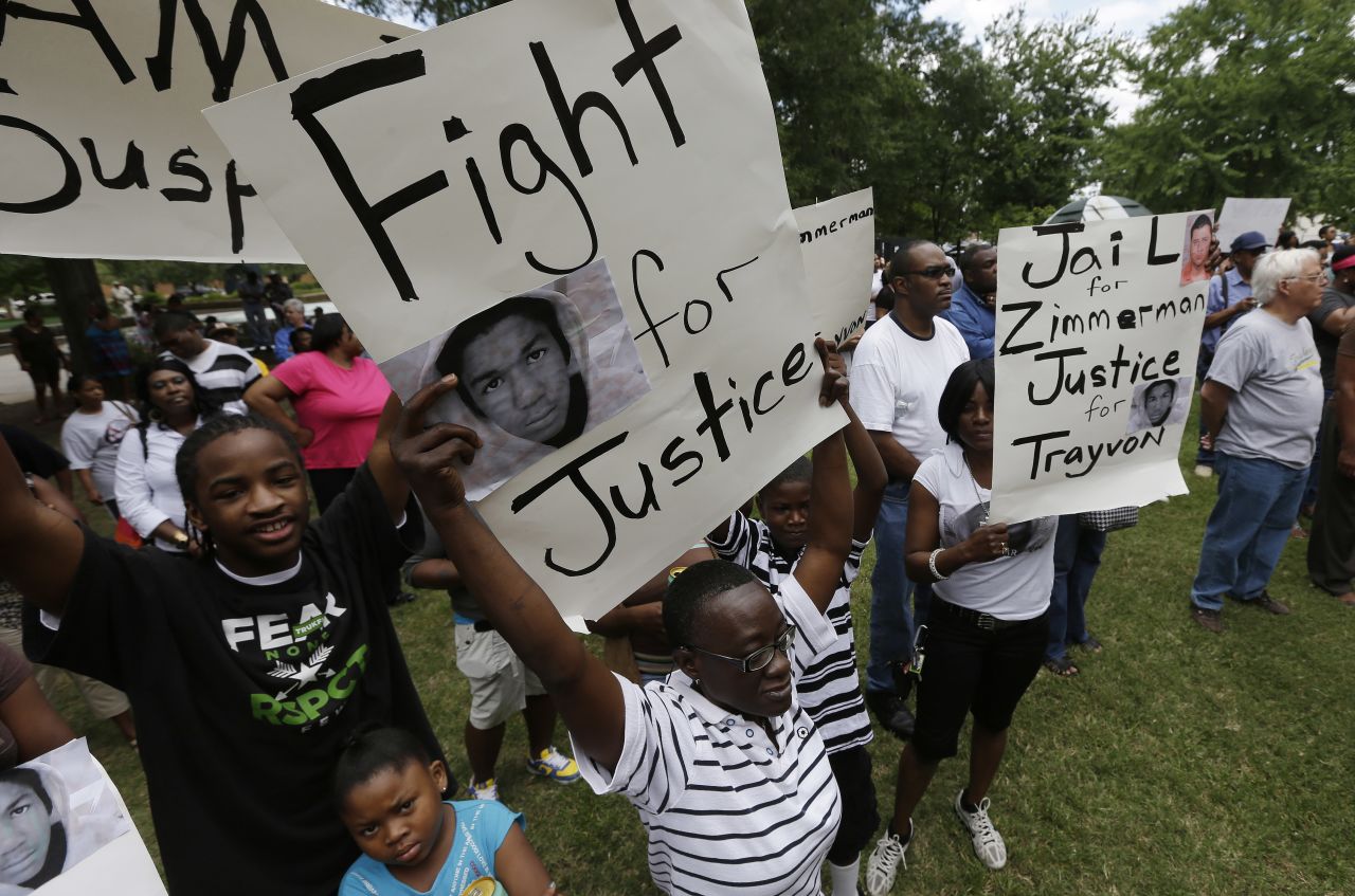 About 500 demonstrators gather during a rally and march in support of Trayvon Martin on July 15 in Birmingham, Alabama.
