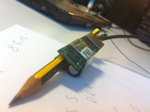 A rudimentary prototype computer attached to a pencil. The company are hopeful that the device will become an invaluable educational tool for children and those with Dyslexia. 