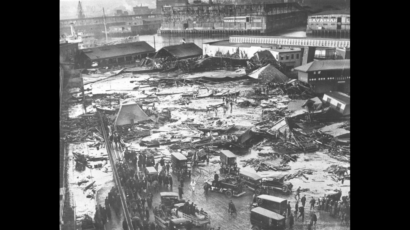 <strong>Boston Molasses Disaster: </strong>In January 1919, a tank containing 2.3 million gallons of molasses ruptured in Boston, causing a 15-foot high wall of molasses to pummel houses and leave 21 people dead and 150 injured.