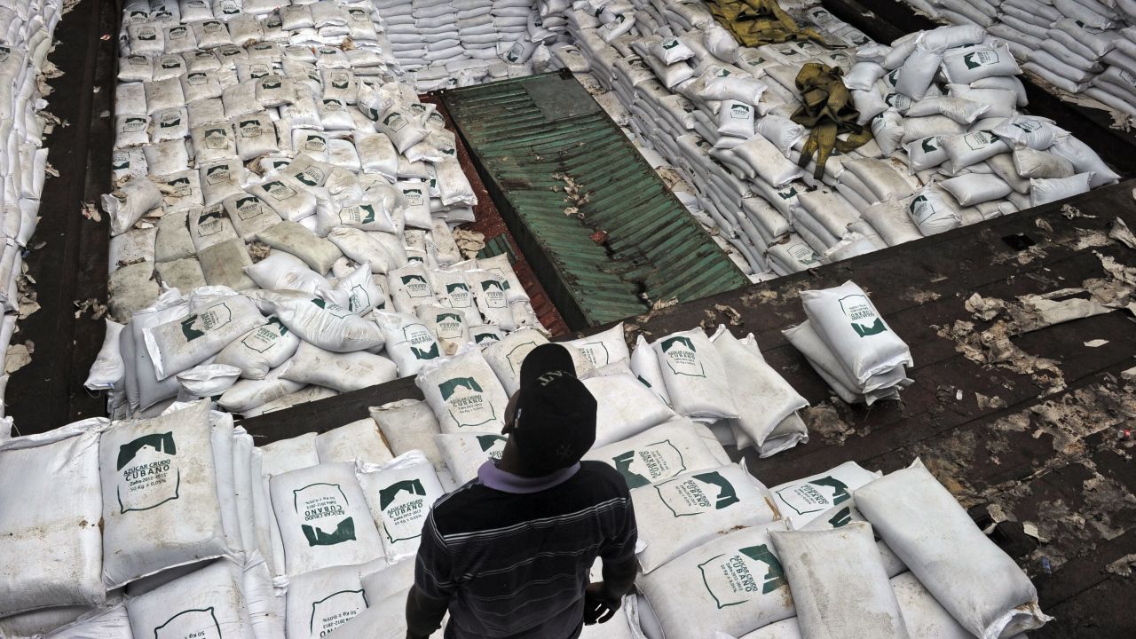 Sacks of sugar sit in the hold of the North Korean vessel Chong Chon Gang in Colon province, Panama, on July 16. The weapons were found under the tons of cargo.