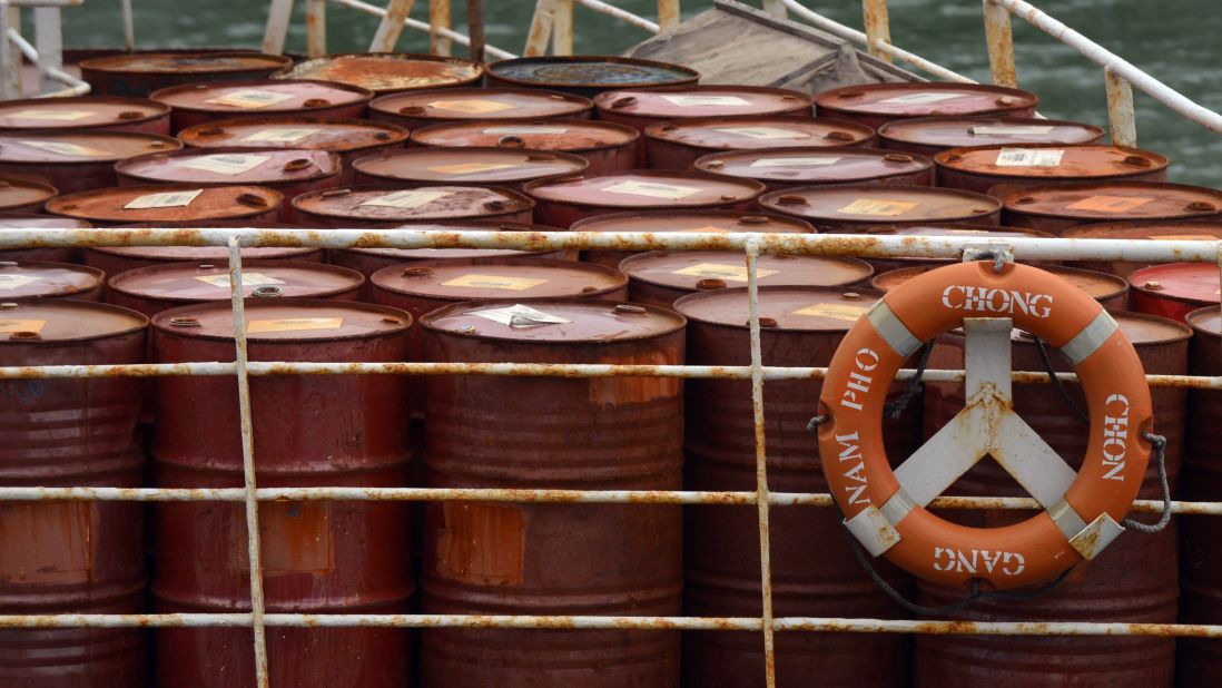 Barrels sit on the deck of the vessel on July 16.