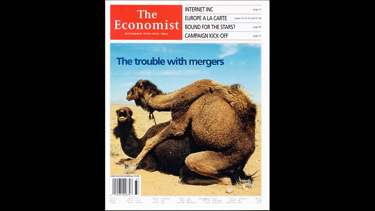 The Economist's September 10, 1994, North American cover, which dealt with a surge in corporate mergers, raised eyebrows. "Camels do it, birds and bees do it, even companies do it: all over America, firms are falling in love and settling down together," Deputy Editor Emma Duncan wrote in an article about Economist covers that made news in and of themselves.