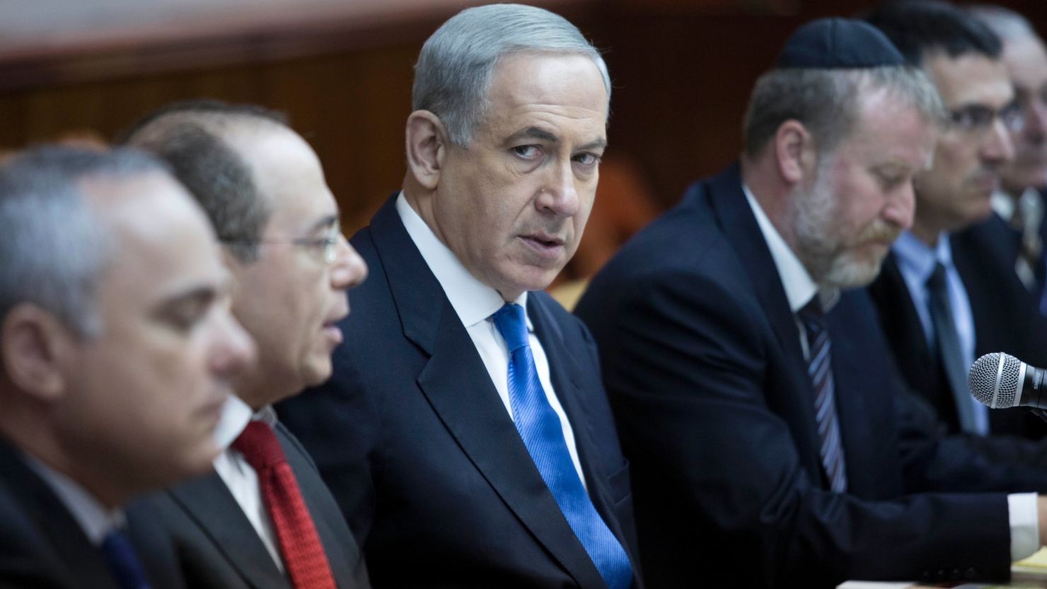 Israeli Prime Minister Benjamin Netanyahu looks over during the weekly cabinet meeting in his Jerusalem office on July 14.

