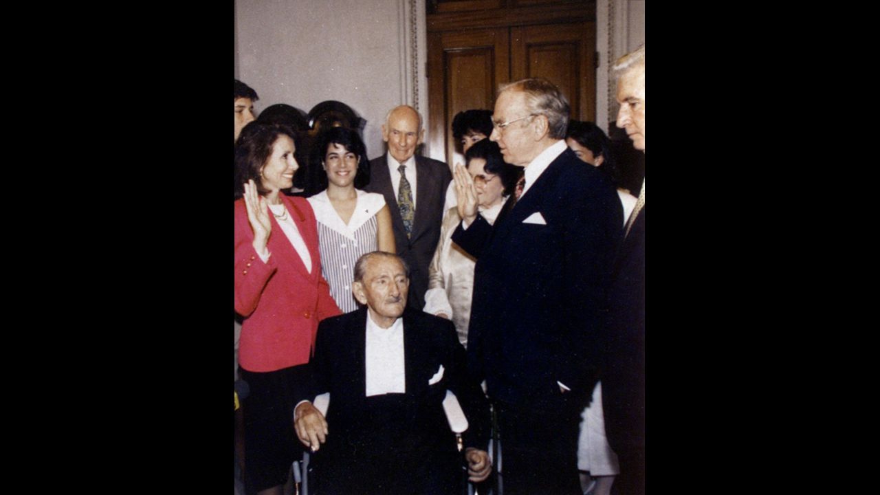 U.S. House Minority Leader Nancy Pelosi, D-California, is the daughter of late Thomas D'Alesandro Jr., a Baltimore mayor and congressman. D'Alesandro, center, attends Pelosi's swearing-in in 1978.