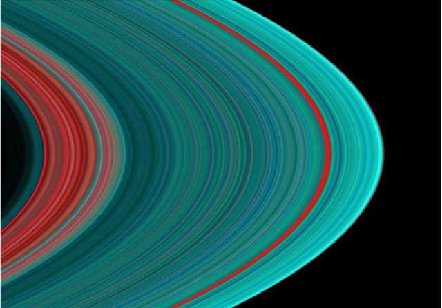This view of Saturn's rings in ultraviolet light indicates ice toward the outer part of the rings.