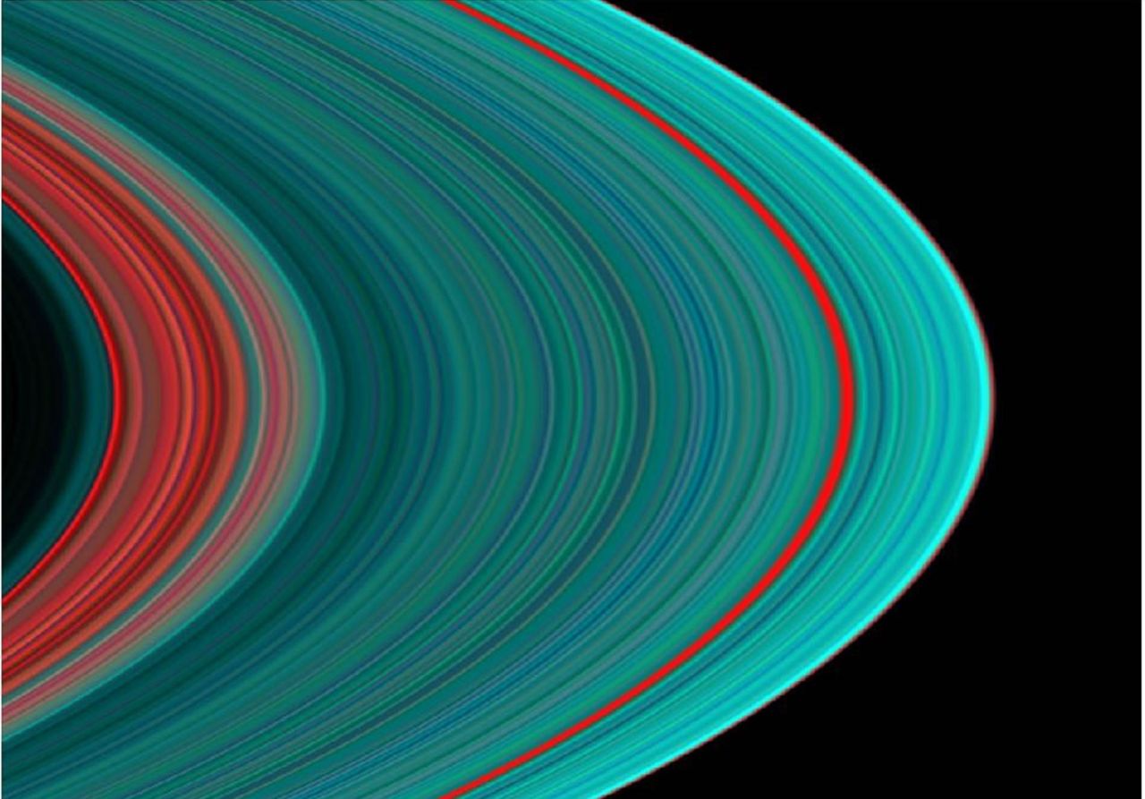 This view of Saturn's rings in ultraviolet light indicates ice toward the outer part of the rings.