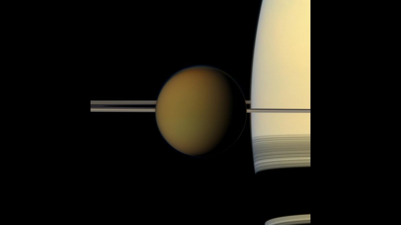 Cassini snapped this picture of Saturn's largest moon, Titan, passing in front of the planet.