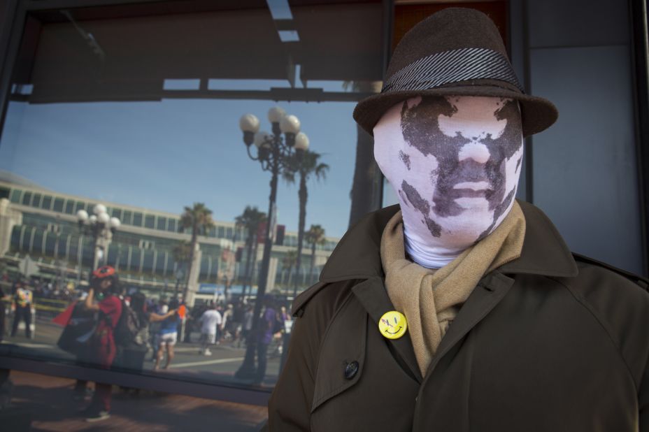 Cosplayer Noel Victorio is dressed as Rorschach from the graphic novel "Watchmen" on July 18.