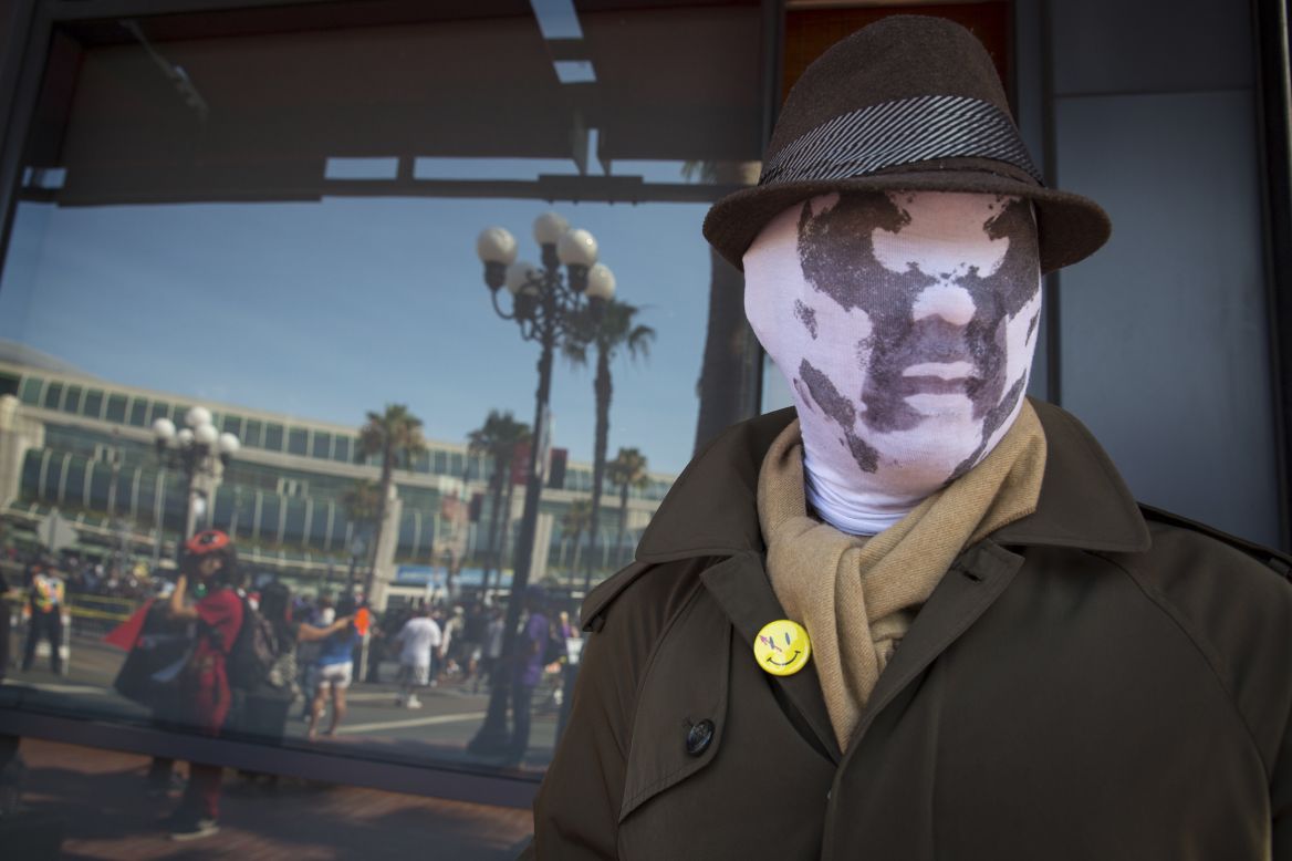 Cosplayer Noel Victorio is dressed as Rorschach from the graphic novel "Watchmen" on July 18.