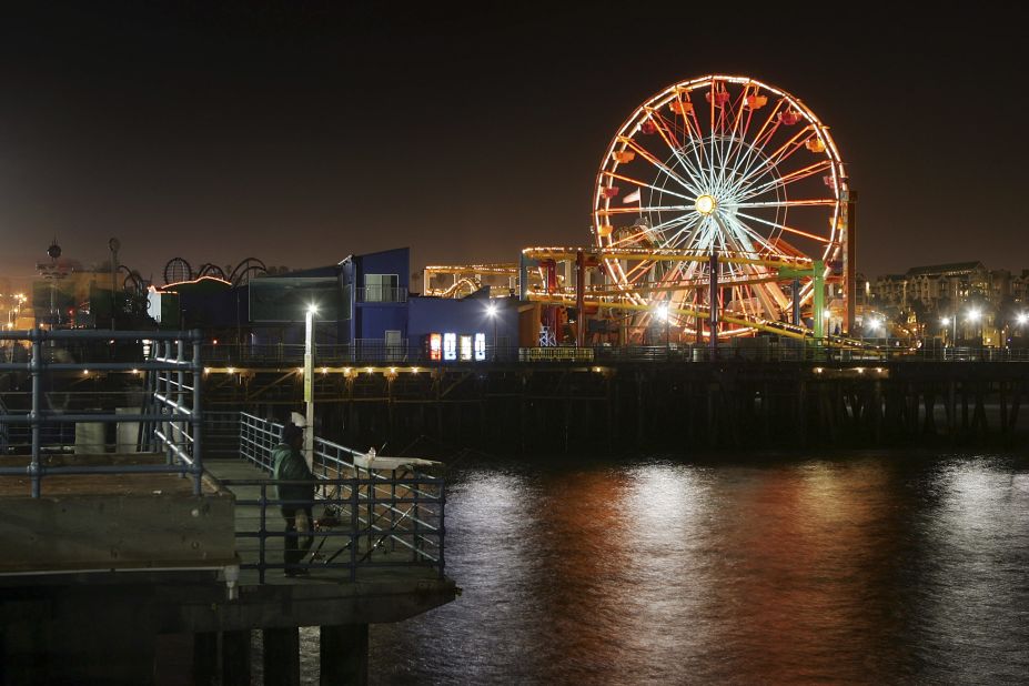 The Santa Monica Pier Ferris wheel is the first solar powered Ferris wheel in the world. With 160,000 energy efficient lights, nighttime rides feature lights illuminating the western end of Route 66.