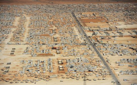 The expanse of the Zaatari refugee camp in Jordan, as seen from an aerial view in July 2013. The camp was opened on July 28, 2012.