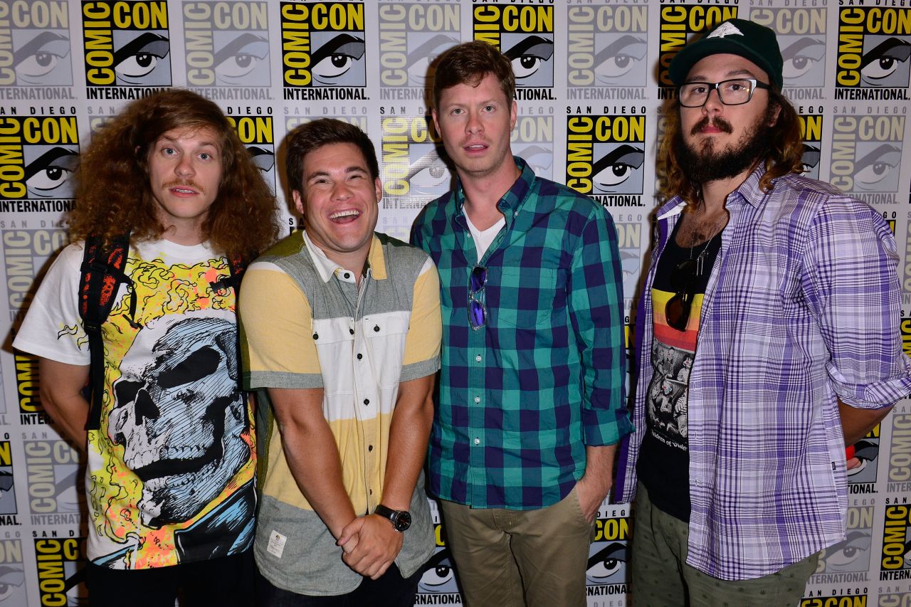 Blake Anderson, left, Adam DeVine, Anders Holm and Kyle Newacheck attend Comedy Central's "Workaholics" press line at the Hilton San Diego Bayfront Hotel on July 18.