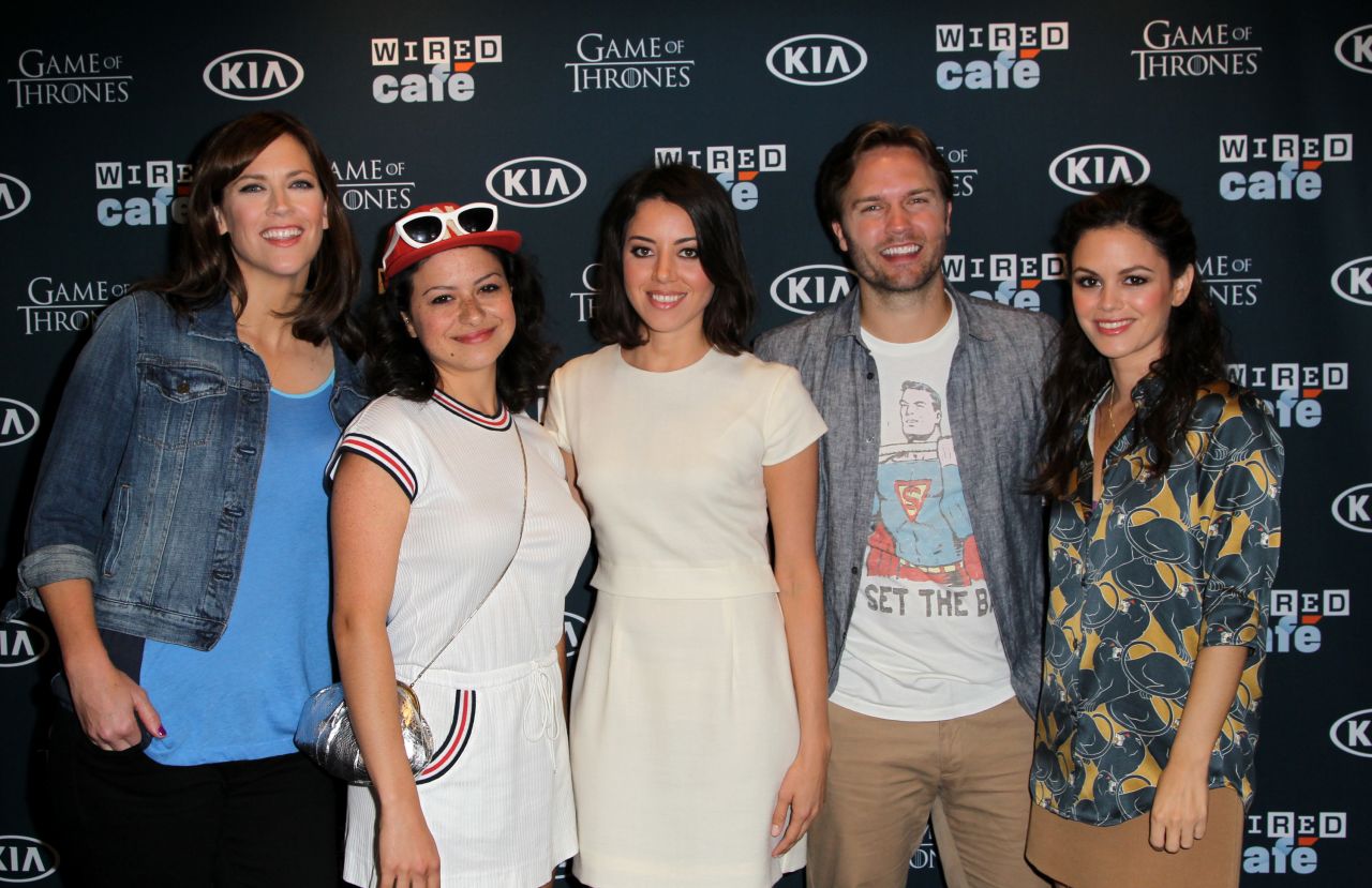 Director/writer Maggie Carey, left and cast of "The To Do List" Alia Shawkat, Aubrey Plaza, Johnny Simmons, and Rachel Bilson at the WIRED Cafe on July 18. The movie will be released on July 26. 