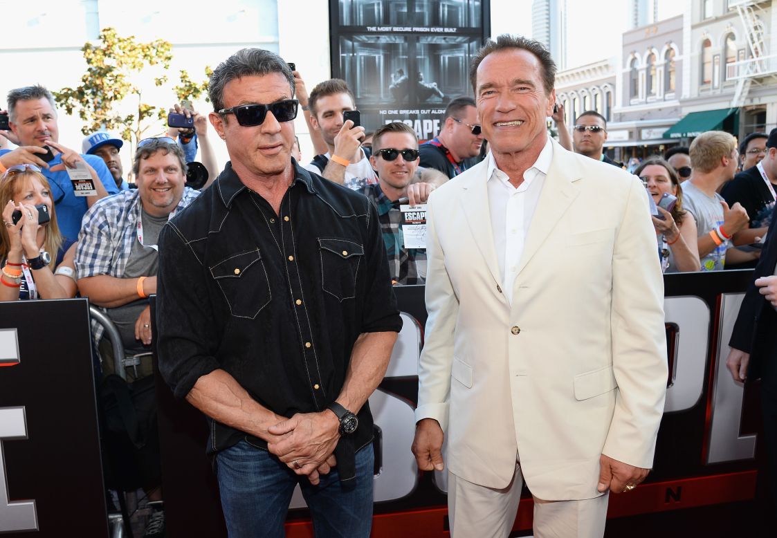 Sylvester Stallone and Arnold Schwarzenegger arrive at the "Escape Plan" premiere at the Reading Cinemas Gaslamp on July 18. "Escape Plan" will be out in theaters on October 18.