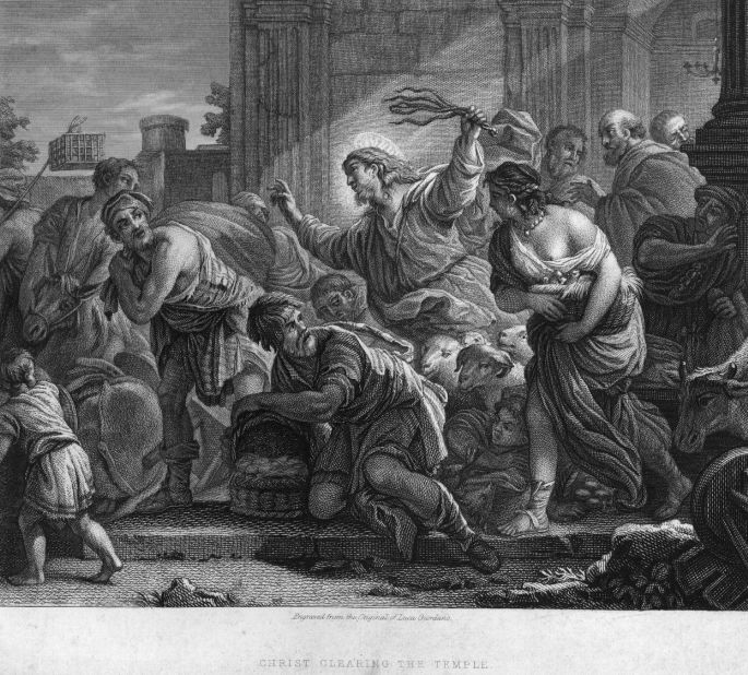 Here Jesus is shown angrily purging the Temple in Jerusalem of money changers and traders.