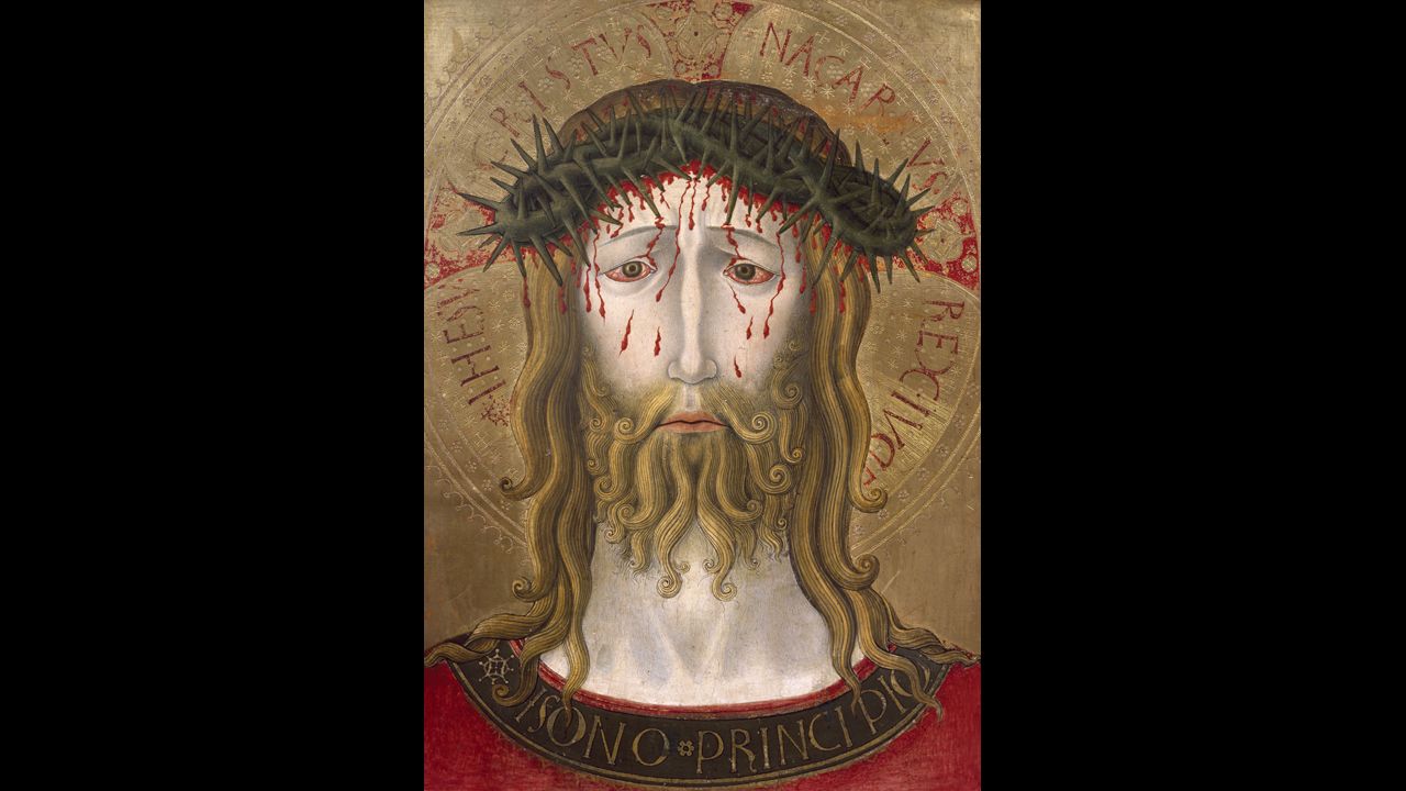 A forlorn Jesus is shown here crowned with thorns in a painting by Benedetto Bonfigli.